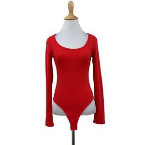 Mangopop Bodysuit Women S Small Red Scoop Neck Stretchy Tanga Bottom Long Sleeve